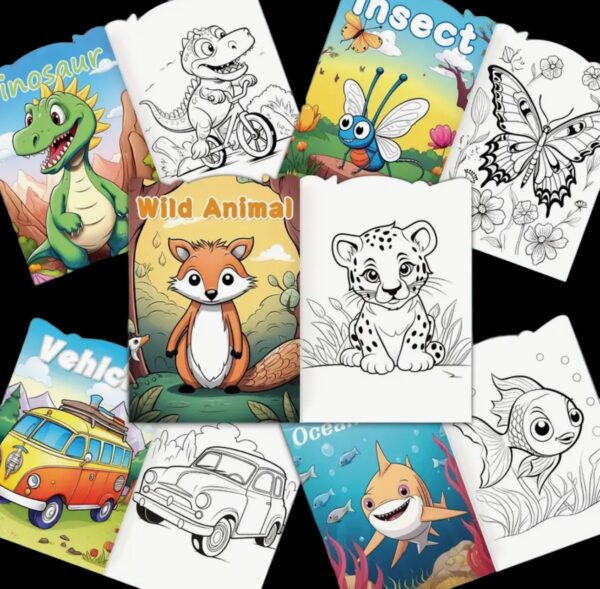 5 Pack Kids Colouring Book Set - Dinosaurs, Ocean World, Vehicles, Wild Animals, Insects